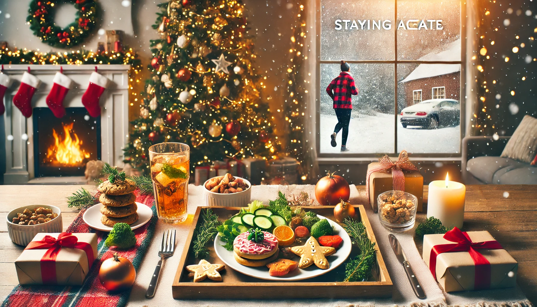 DALL·E 2024-12-22 16.59.18 – A rectangular version of the festive Christmas-themed image promoting healthy eating and staying active to maintain weight during the holidays. The sc gewicht halten an weihnachten